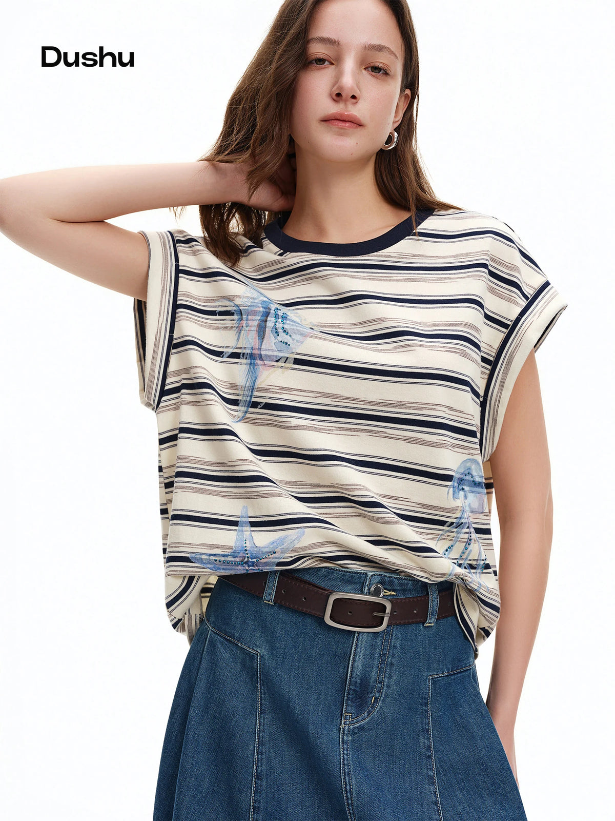 DUSHU Rhinestone Ocean Print Striped Raglan Sleeve T-Shirt 2026 Summer O-neck Leisure Holiday Loose Fit Cozy Print Top BF Chic