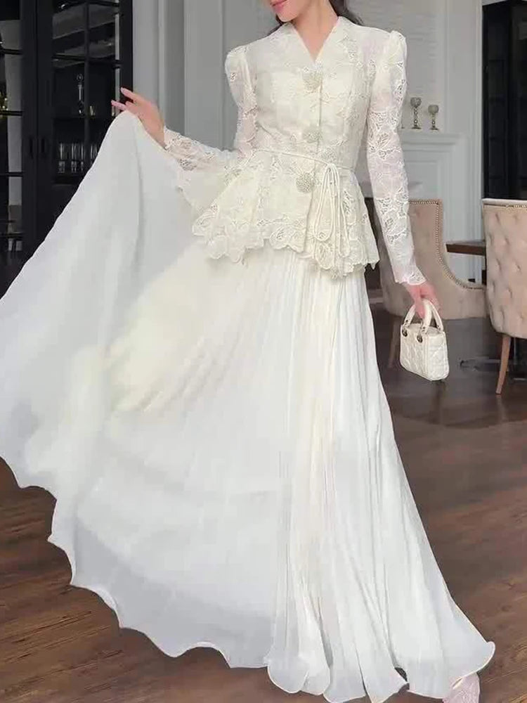 Elegant High Waist Ruffles Banquet Dress Fashion Long Sleeve Women's Party Dresses Sexy White Lace Embroidery Slim Evening Dress