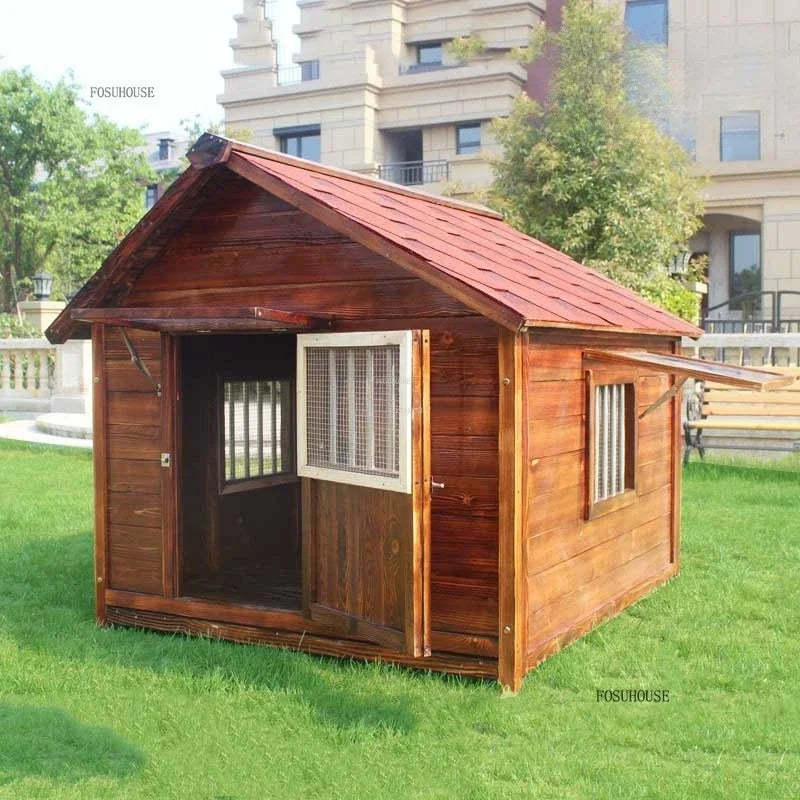 Pet Villa House with Outdoor Fence Outdoor Waterproof Dog Kennel Solid Wood Dog House for Medium and Large Dogs Pet Supplies