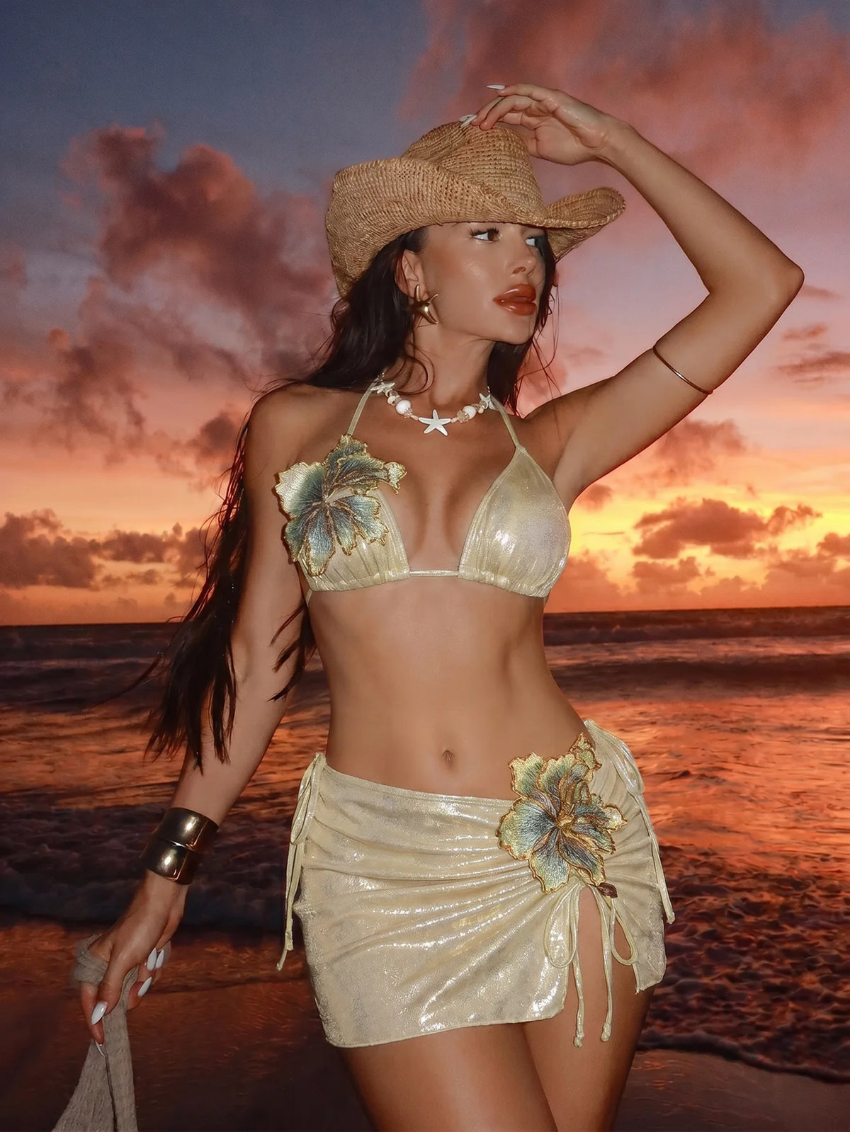Sparkly 3 Piece Bikini Set with Skirt Women 3D Flower Halter Micro Swimsuit Shiny Ruched Drawstring Sarong Swimwear Bathing Suit