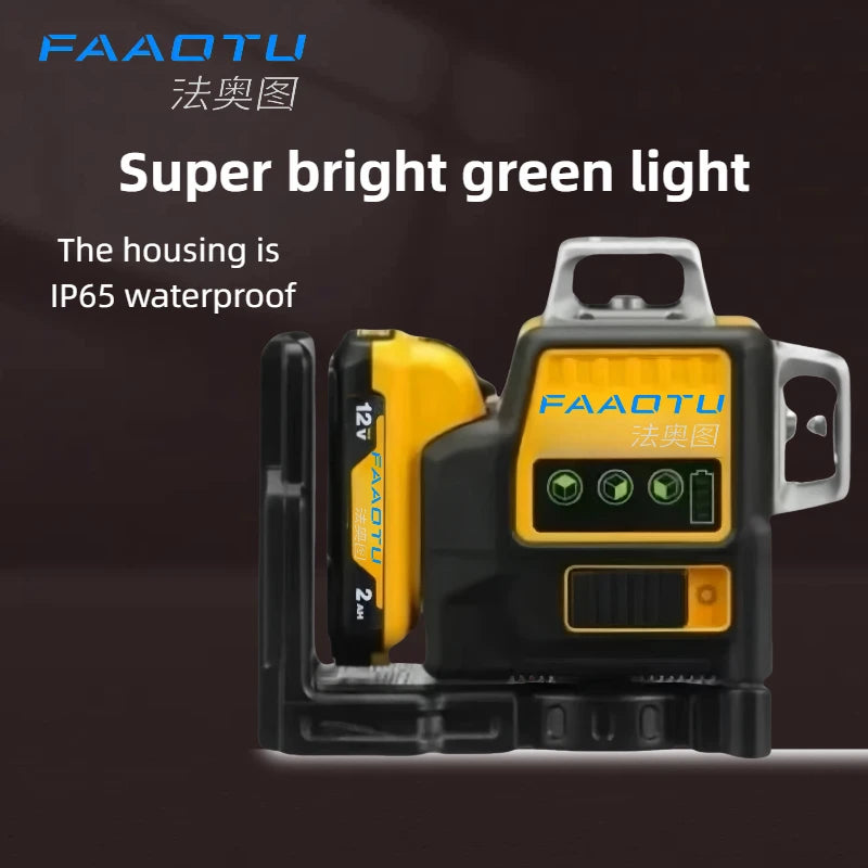 FAAOTU 089LG 3 Sides*360 Degree Vertical Lines Laser Level Meter Outdoor 12V Lithium Battery Horizontal Green Light Level