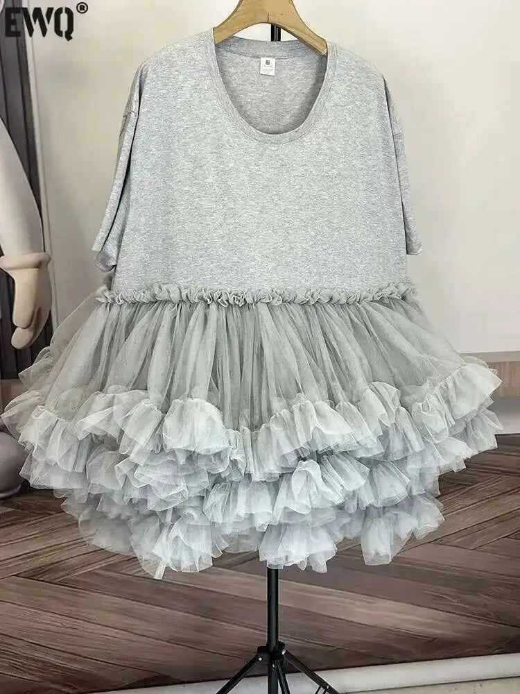 [EWQ] Fashion Streetwear Ball Gown Dress Solid Colors Spliced Irregular Mesh Loose Women Dresses 2025 Summer New Tide 16O6549