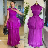 Miyake Pleated Ruffle Collar Dress with Temperament, Solid Color Sleeveless Ball, Elegant Plus Size Long Dress, 2025 Summer