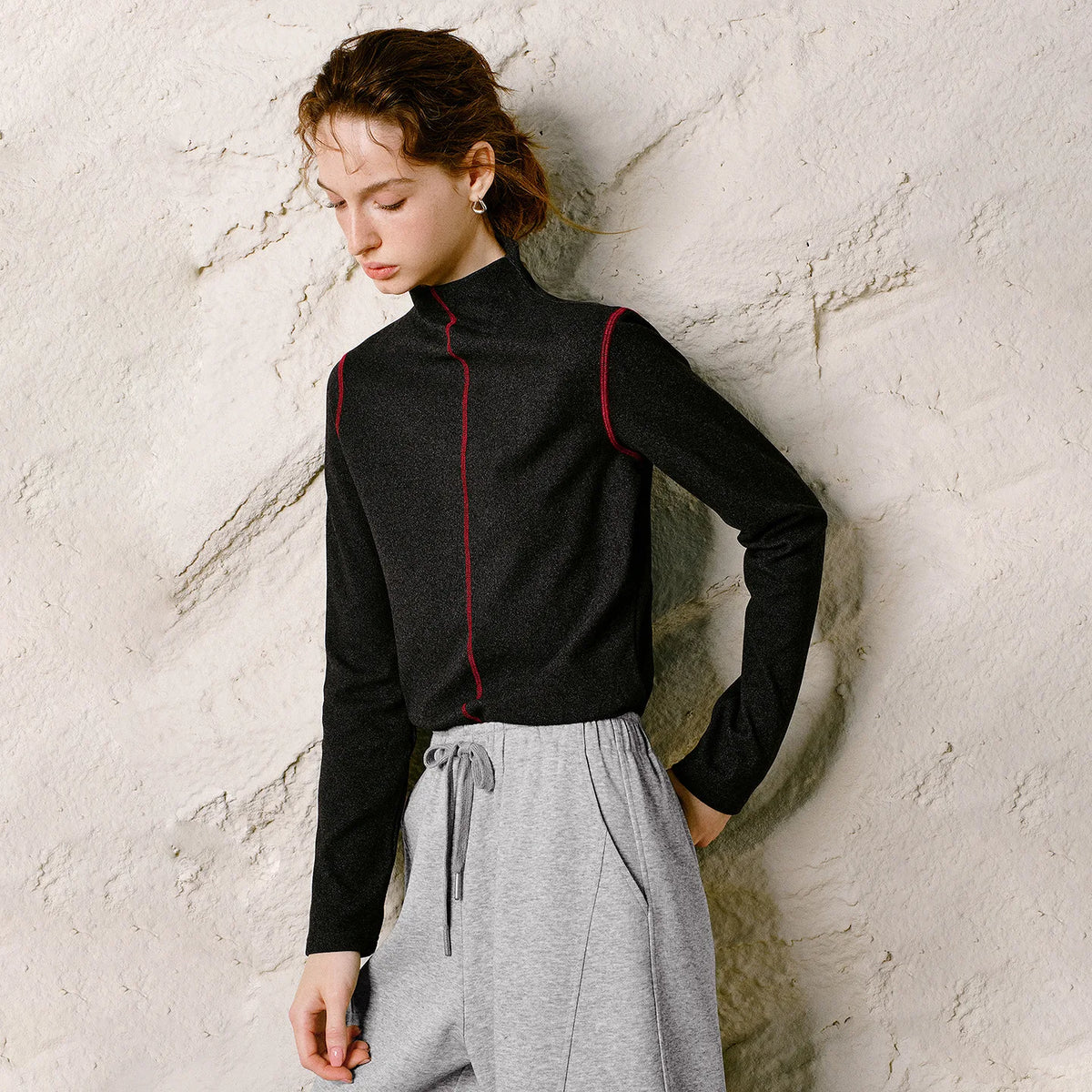 TOYOUTH Women T Shirt 2026 Winter New Mock Neck Rib Color Block Slim Fit Long Sleeve Top