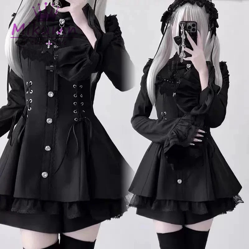 Mikumn Harajuku Y2k Japanese Lolita Style Dress With Shorts Kawaii Vestidos Women Gothic Lace Bow Flare Sleeve Party Mini Dress