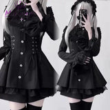 Mikumn Harajuku Y2k Japanese Lolita Style Dress With Shorts Kawaii Vestidos Women Gothic Lace Bow Flare Sleeve Party Mini Dress