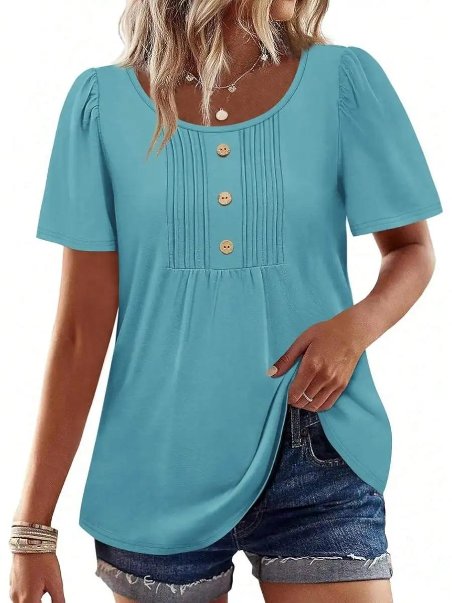 Womens Casual Short Sleeve Top With Snowflake Print Front Button Pleated Design