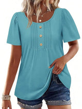 Womens Casual Short Sleeve Top With Snowflake Print Front Button Pleated Design