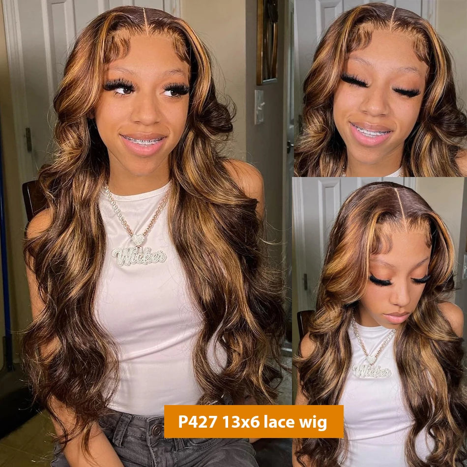 Highlight Body Wave Wig Human Hair 13X6 Hd Lace Frontal Wig P427 1B30 Black Brown Blonde 13X4 Front Ombre Colored Wig 30 36 Inch