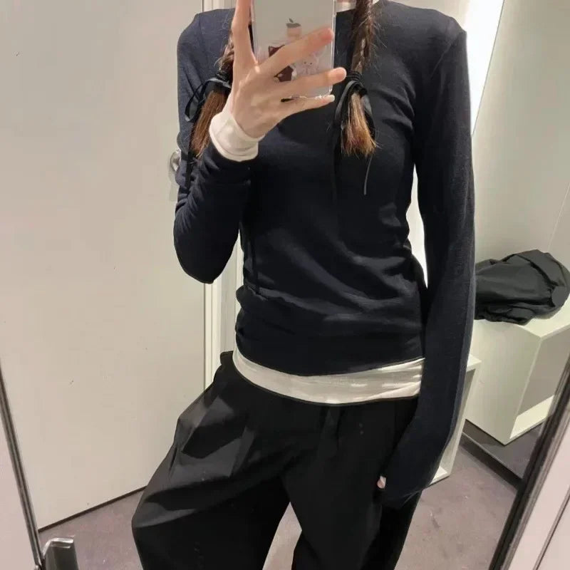 Spring Basic Wool Blending Base Layer Tops Women T Shirt