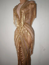 Women Sexy Mesh Sparkly Rhinestone Tassels Stretch Long Dress Evening Nightclub Singer Dance Stage Costume Luxury Birthday Gowns