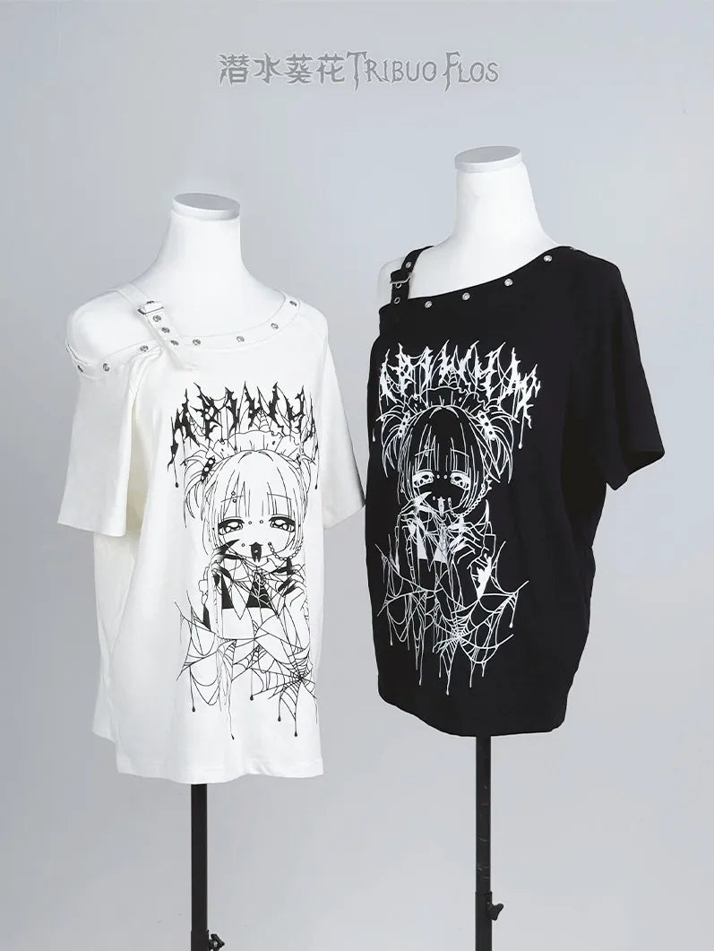 Original Off-shoulder Cami Tshirt Black White Oversized Japanese Subculture Cute Cosplay Women's T-shirts Harajuku Y2k Aesthetic
