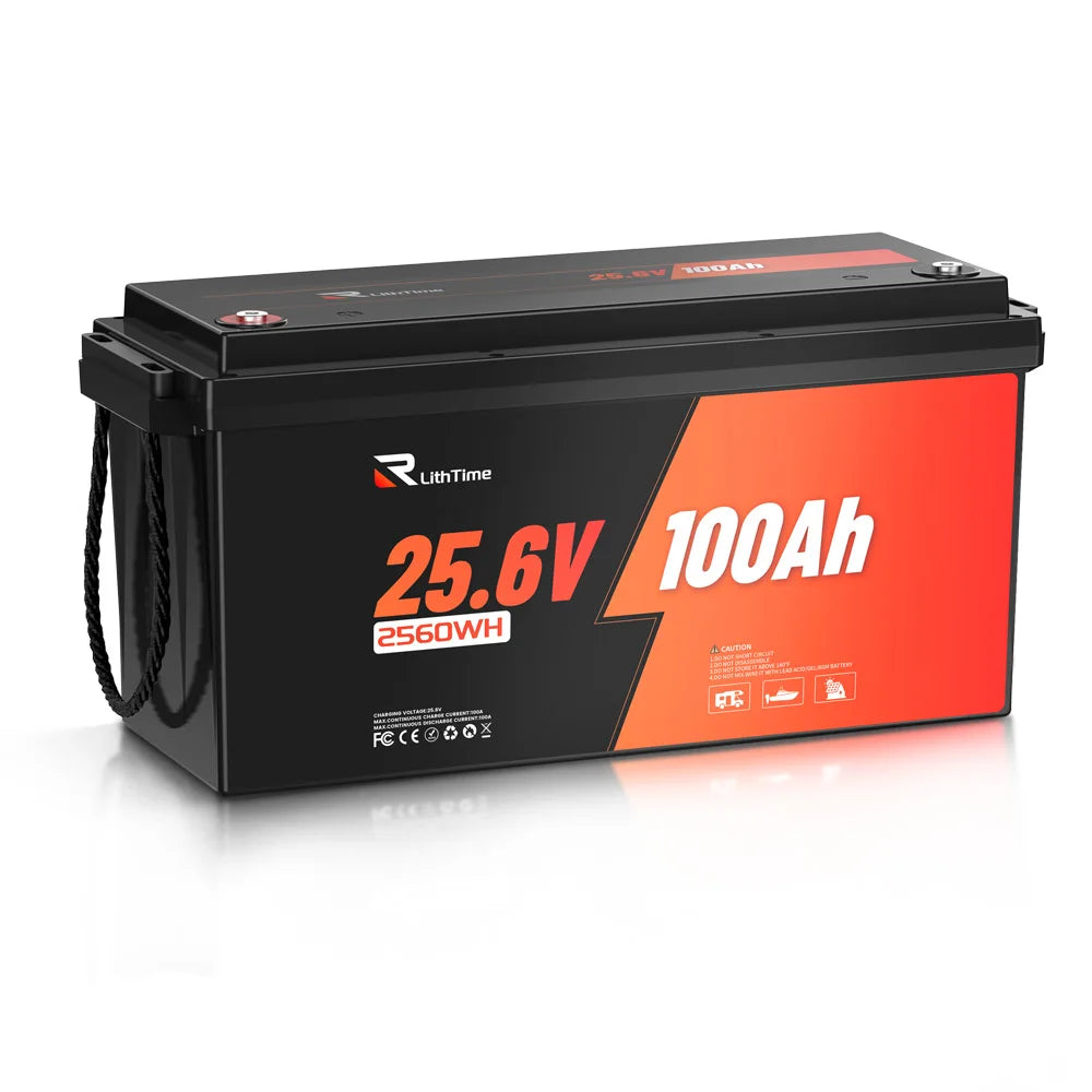 RVLithTime 24V (25.6V) 100Ah LiFePO4 Battery, Grade A Cell, Built-in 100A BMS, Low Temp Protection, 2560Wh Deep Cycle Lithium Battery, IP65 Waterproof, 6000+ Cycles for RV, Marine, Camper Van, Home Backup, Off-Grid Solar