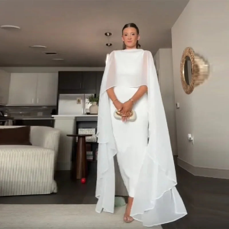 Stylish White Shawl Slim Fit Maxi Dress Women Elegant Cape Sleeve Round Neck Bodycon Vestido 2026 Lady Summer Chic Party Robes