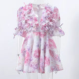 Chic Floral Printed Mini Dress Backless Sleeveless Hem Stacking Dresses Sweet A Line Vestidos 2025 New Lady Party Club Clothing