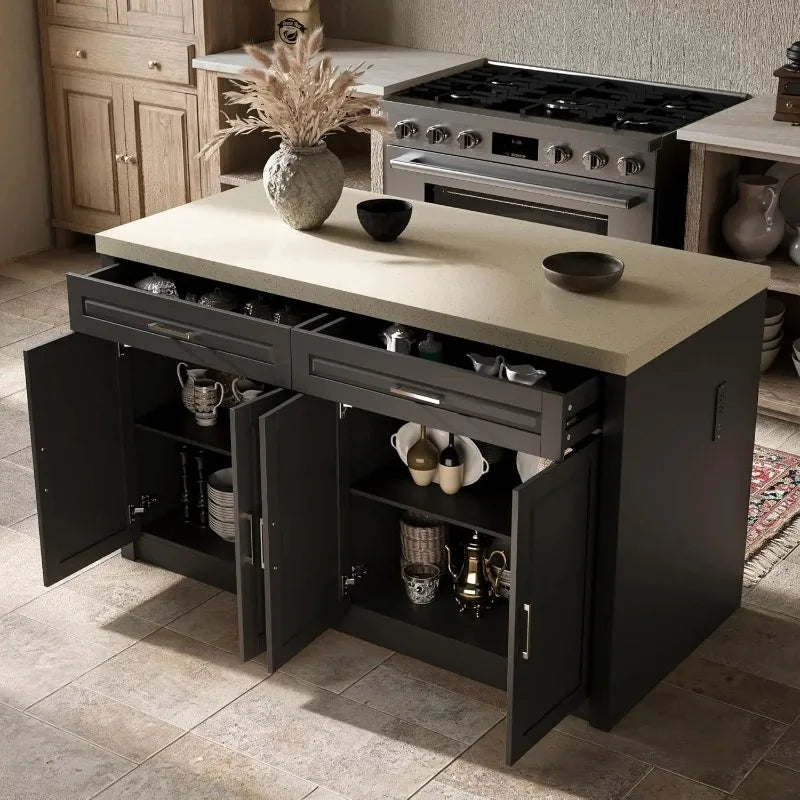 61" W Large Kitchen Island with Charging Station, 2 Drawers & Adjustable Shelves, Modern Stationary Kitchen Prep, Customized