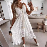 Summer Women Lace Strapless Flared Maxi Dress Solid White Long Dress Sleeveless V Neck Flowy Ruffle Bohemian Dresses