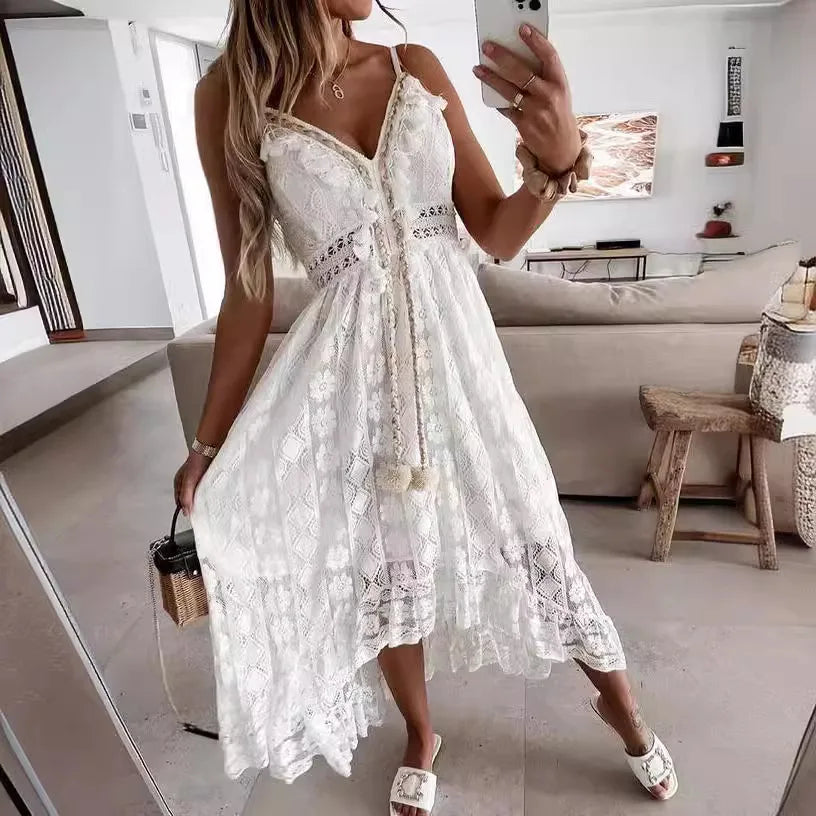 Summer Women Lace Strapless Flared Maxi Dress Solid White Long Dress Sleeveless V Neck Flowy Ruffle Bohemian Dresses