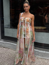 Art Print Beaded Strap Cami & Wide Leg Pants Set Bohemian Drawstring Waist 2026 Summer Fashion Elegant Women Vacation Outfit
