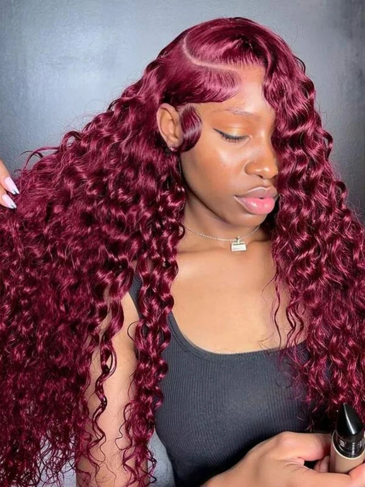 Deep Curly Wigs Human Hair 99J Burgundy 13x4 HD Transparent Lace Front Human Hair Wig Pre Plucked With Baby Hair 16-34 Inch Long