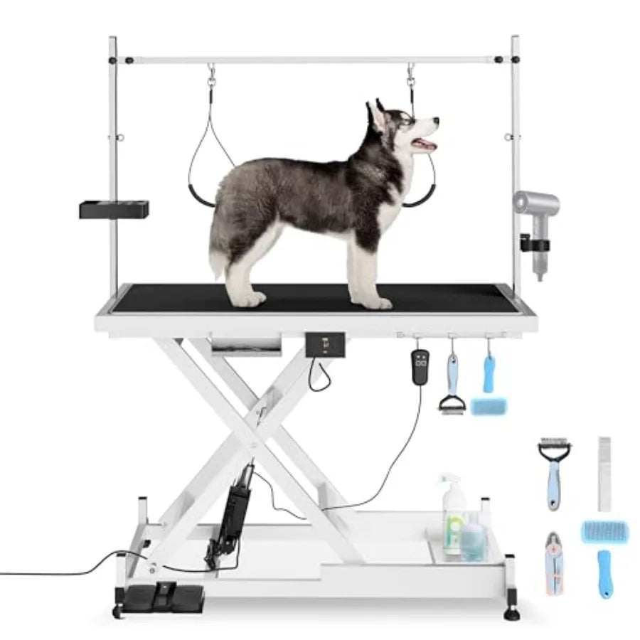 Heavy Duty Electric Lifting Pet Dog Grooming Table for Large Dogs with Overhead Arm Anti-Skid Rubber Desktop and Powerful Motor