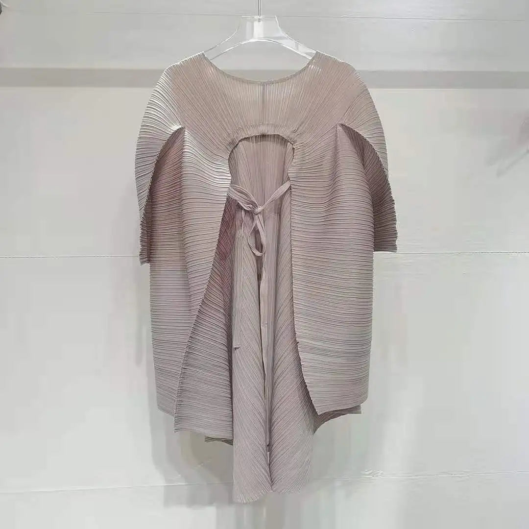 LANMREM Chic Summer New Pleated Women's T-shirt Loose-fitting Back Drawstring Design Irregular Mid Length Pullover Tops 2DB7256