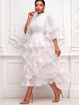 Pleated Chiffon Tiered Midi Dress Ruffle Half Flutter Sleeve Flowy Layered Dress Women Elegant Wedding Guest Formal Mid Dress