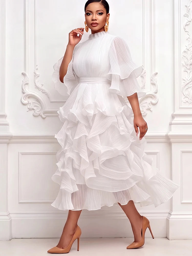 Pleated Chiffon Tiered Midi Dress Ruffle Half Flutter Sleeve Flowy Layered Dress Women Elegant Wedding Guest Formal Mid Dress