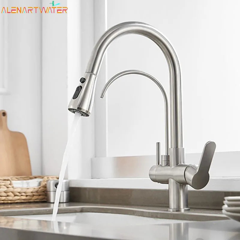 Brushed Nickel Filtered Crane For Kitchen Pull Out Spray 360 Rotation Water Filter Tap Three Ways Sink Mixer Kitchen Faucet