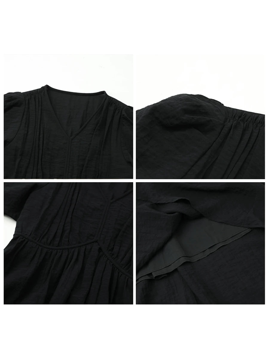 CHIC VEN Korean Women Dresses Solid Loose Casual New V-neck A Line Short Bubble Sleeves Female Long Dress Spring Summer 2025
