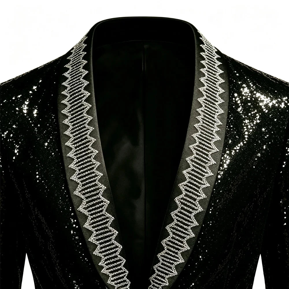 Men Black Sequin Blazer With White Embroidery Trim Slim Fit Peak Lapel Jacket Formal Wedding Groom Tuxedo For Party Prom