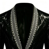 Men Black Sequin Blazer With White Embroidery Trim Slim Fit Peak Lapel Jacket Formal Wedding Groom Tuxedo For Party Prom