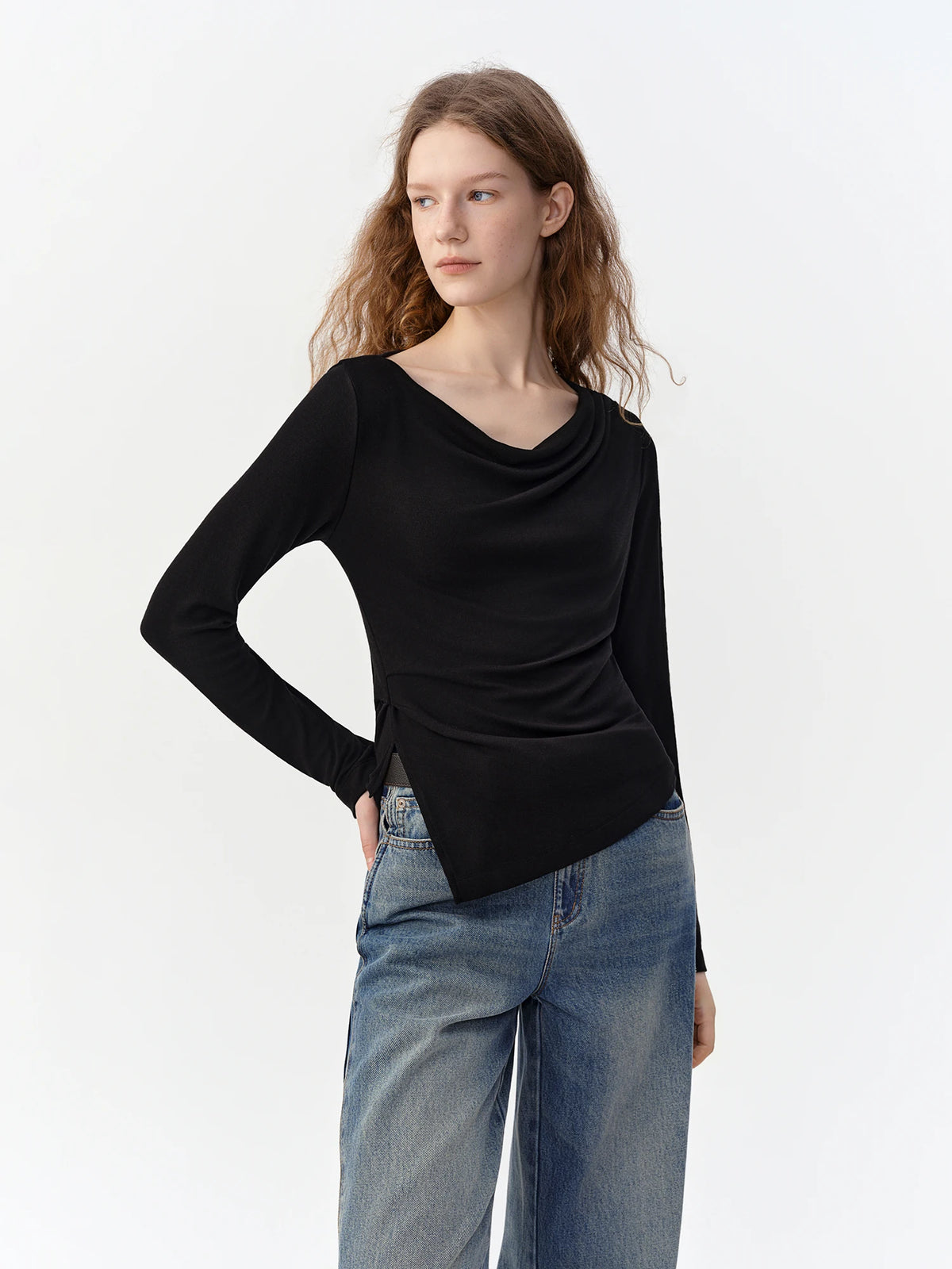 DUSHU Women Off Shoulder Drape Cowl Neck Long Sleeve T-Shirt Commute Minimalist Ruched Slim Draped Elegant Casual Fashion Tee