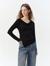 DUSHU Women Off Shoulder Drape Cowl Neck Long Sleeve T-Shirt Commute Minimalist Ruched Slim Draped Elegant Casual Fashion Tee