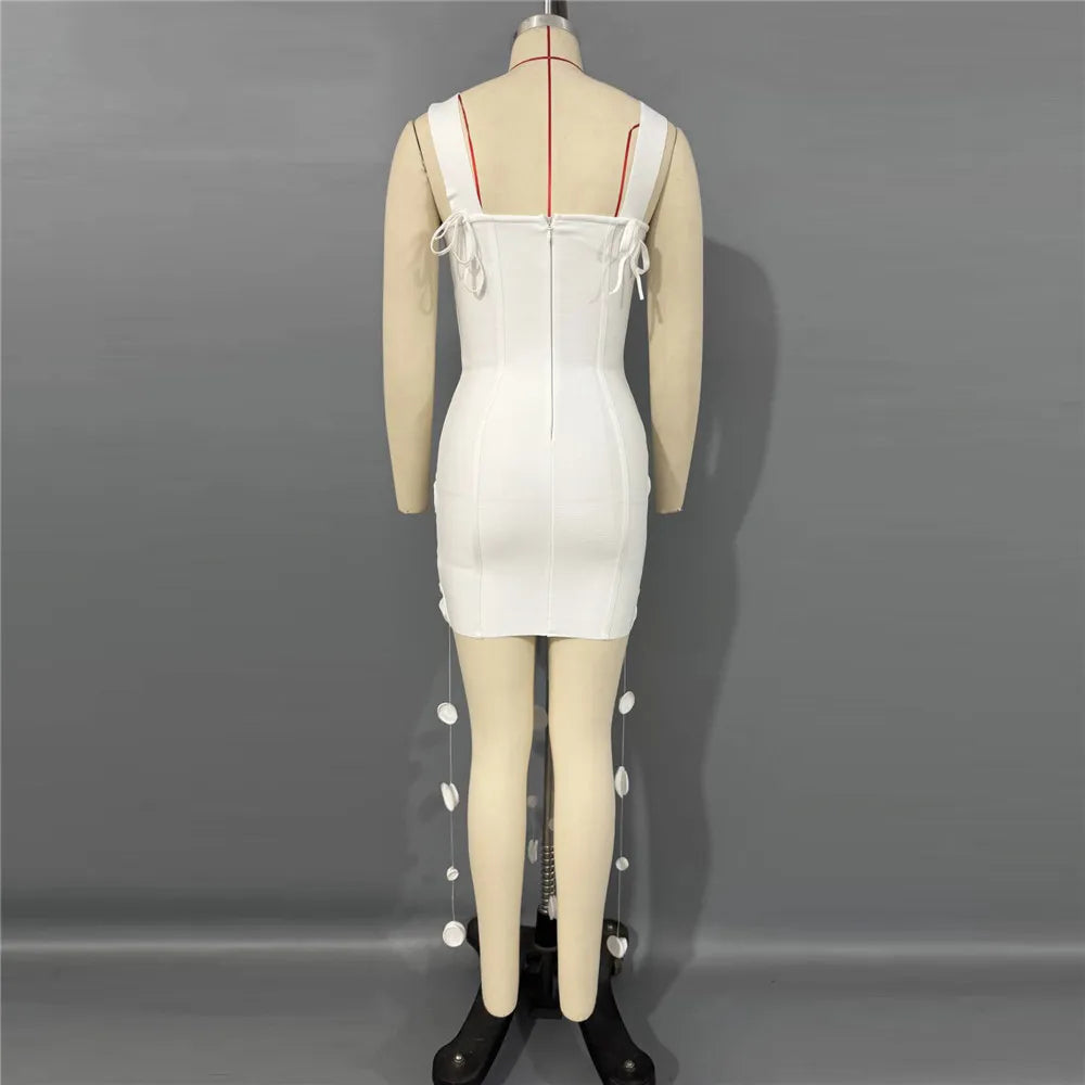 New Arrival Women Summer Fashion 3D Flowers Tassel Mini Bodycon Bandage Sleeveless Casual Party Dress