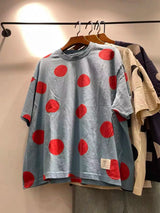 2027 Mori Girl Japanese Style Polka Dot T-Shirt for Women, Oversized Cotton Short Sleeve Casual Loose Fit Top