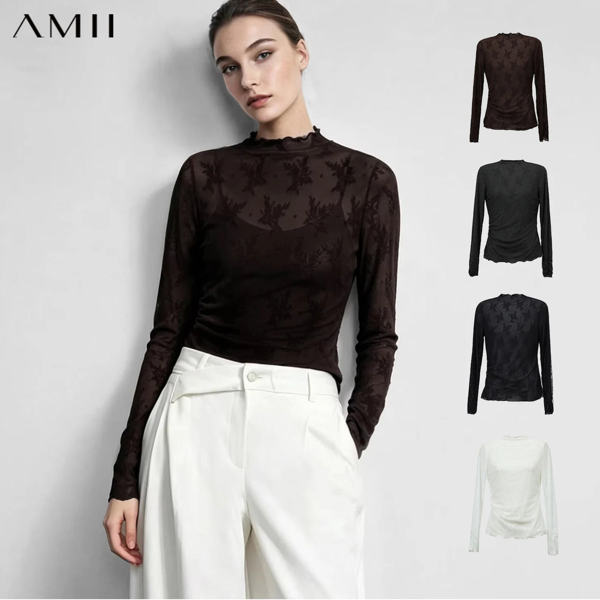 Amii Women's T-Shirts Mock Neck 2026 Autumn Long Sleeve Jacquard Lace Knitted Tops Slim Elegant Commute Woman Cloting 12623032