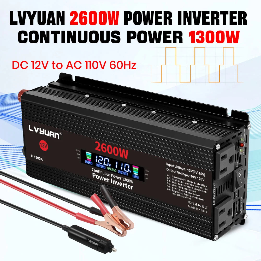 2600W 2000W 1500W Car Inverter 12V 110V Power Inversor Smart LCD Display Power Supply for Outdoor Camera/Phone/Drone Charging