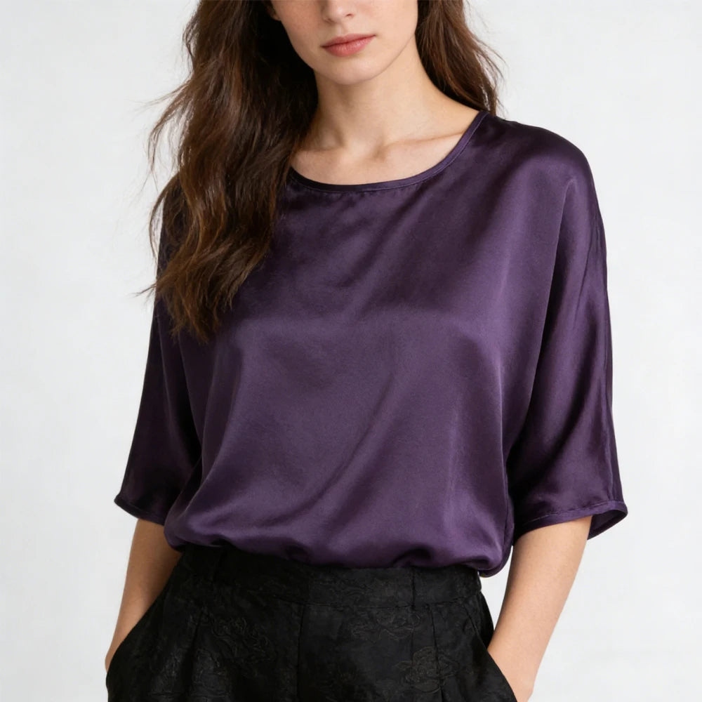 21MM 100% Natural Mulberry Silk Plain Satin Skin Friendly Round Neck Batwing Mid Sleeve Loose Simple Women's Casual T-shirt