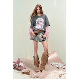 ELFSACK Fake 2 Piece T Shirt with Sweet Girl Print, Pink Sheer Sleeve Bow Tie Long Sleeve Casual Oversized Top