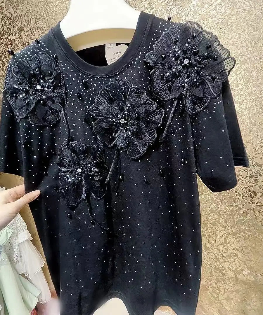 Luxury Beading Flowers Sequined Cotton T-shirt for Women New Trend 2025 Summer O Neck Short Sleeve Black Tops Tees T Shirt Femme