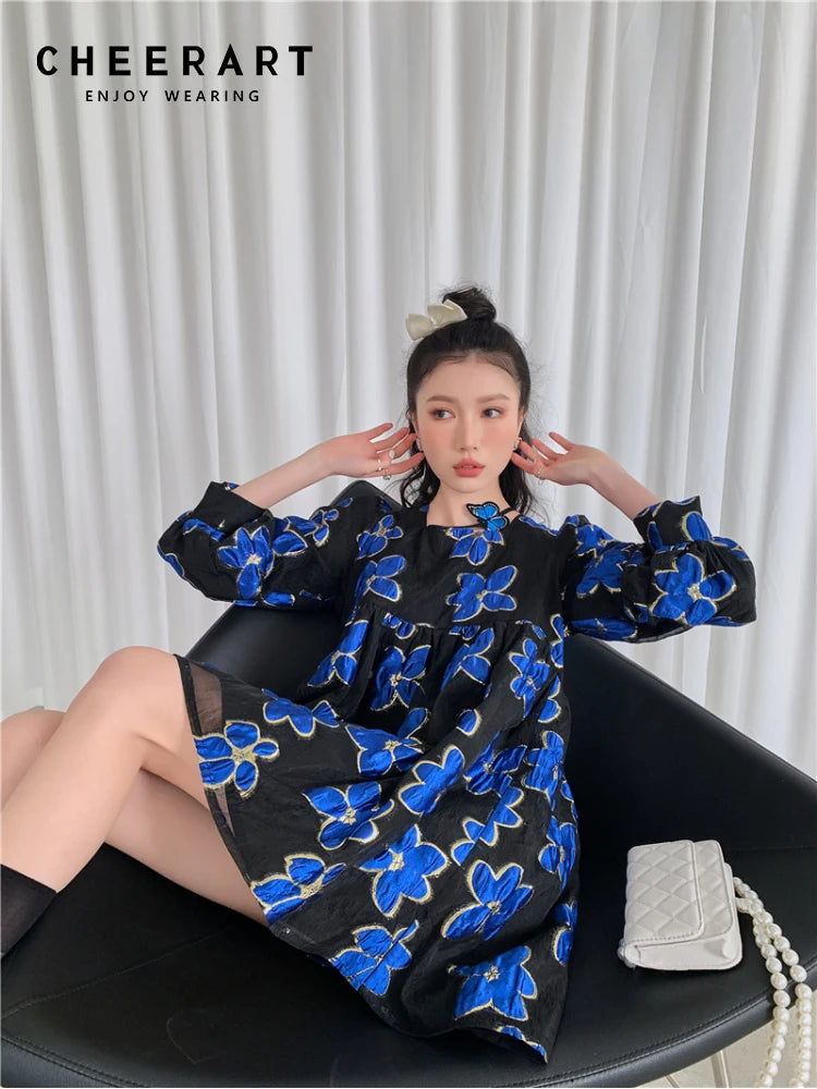CHEERART Organza Jacquard Royal Blue Puff Sleeve Floral Fairy Dress For Women Long Sleeve Square Neck Tulle Dress Autumn Clothes