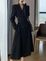 A black long-sleeved dress that is slimming and elegant, with a suit-style design.