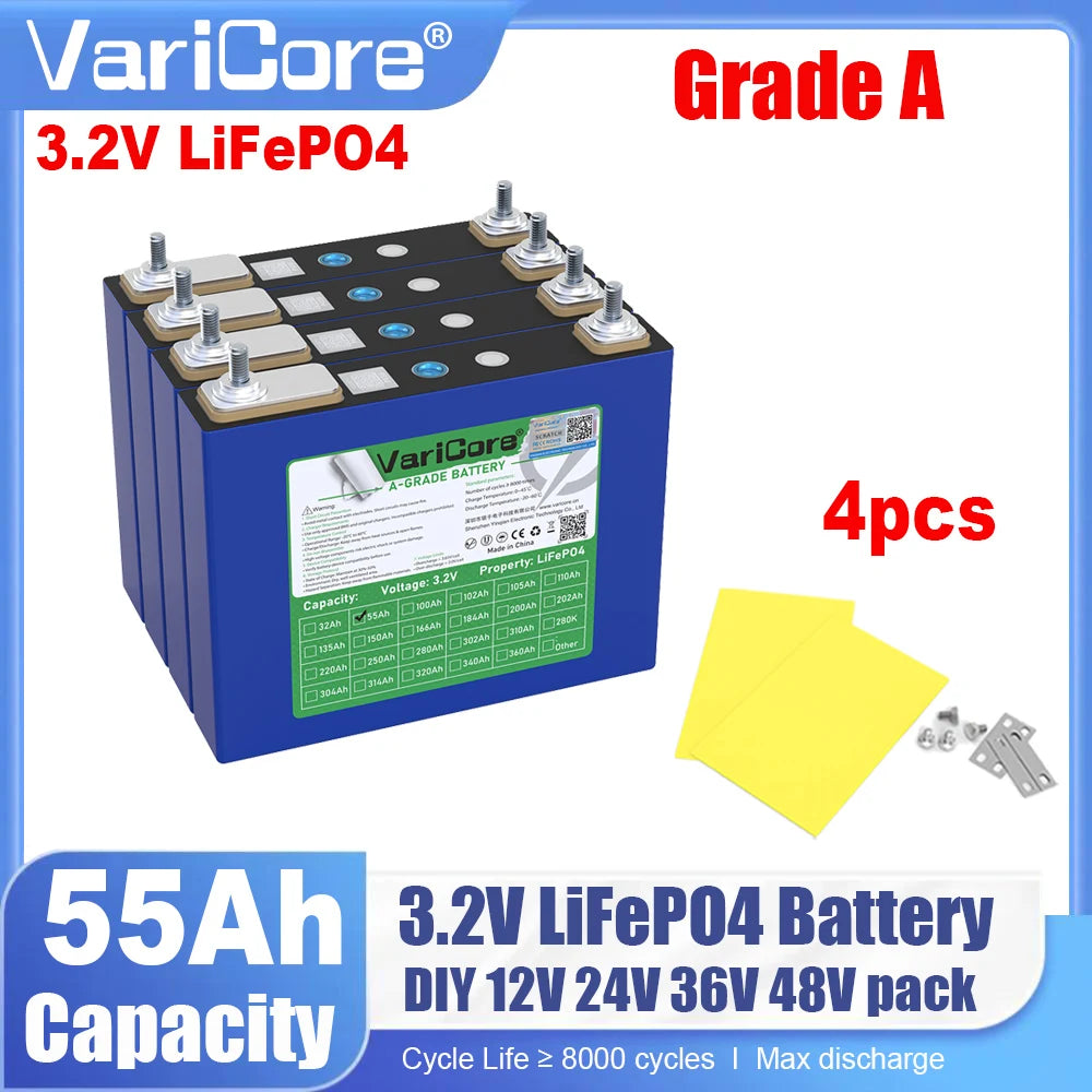4pcs VariCore 3.2V 360Ah 340Ah 100AH 20Ah 15Ah LiFePO4 Cells Lithium-Iron Phosphate for 4S 12V 24V 48V EV Golf Cart Power Tools