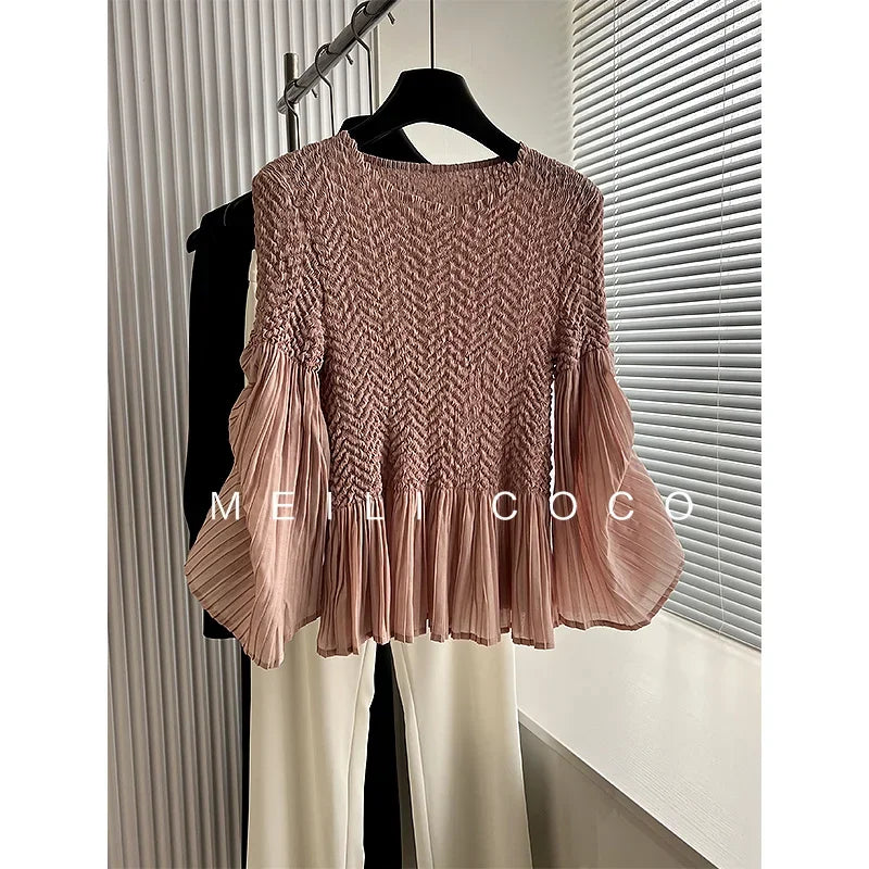 YUDX Pleated Heavy Embroidery Flared Sleeves Solid Color Design T-shirt Breathable and Comfortable 2024 Fall New