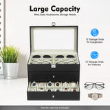 12 Compartment Watches & Glasses Display Box, Watch Box Organizer Storage Case with Large Glass Lid