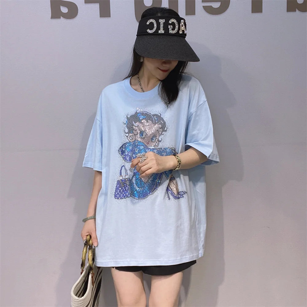 Casual Versatile Short Sleeve T-Shirt Women's Heavy Rhinestone Black Loose Fit Summer Top Breathable Cotton round Neck Sweats...