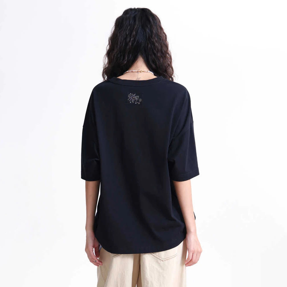 MOVEUP Short-Sleeve Crew Neck T-Shirt 2026 Spring New Firework Beading Woven Label Tees Casual Loose Top for Women 3ELC10536