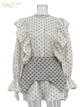 Clacive Fashion Loose Print Women's Dress 2025 Casual O-Neck Long Sleeve Mini Dresses Elegant Classic Ruffle Girdle Female Dress