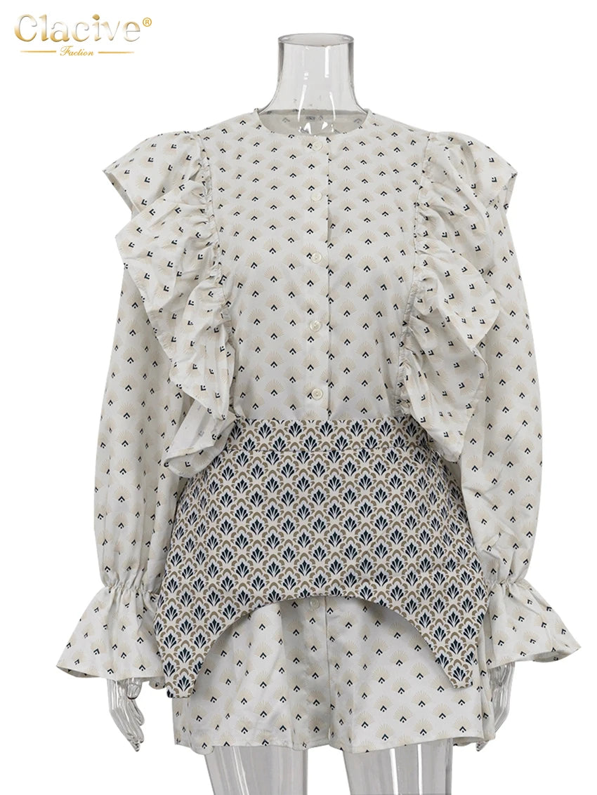 Clacive Fashion Loose Print Women's Dress 2025 Casual O-Neck Long Sleeve Mini Dresses Elegant Classic Ruffle Girdle Female Dress